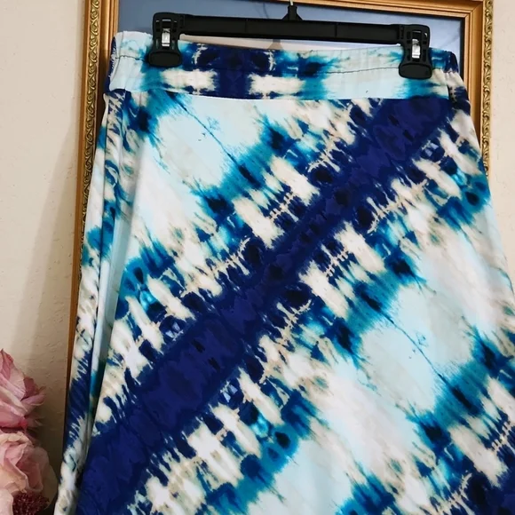 Tye Dye White Blue A-Line Maxi Skirt Beach Vacation Cruise Summer Brunch Medium - Picture 2 of 8